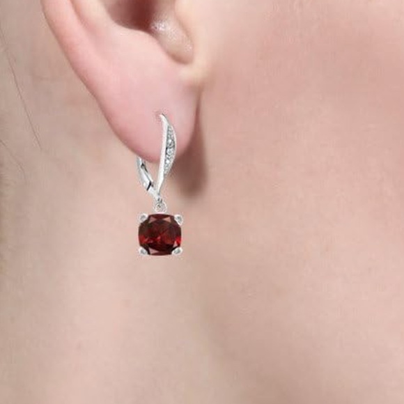Red Garnet & White Diamond Sterling(925)Earrings - Picture 1 of 10